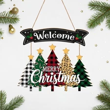 Merry Christmas Wreath Hanging Sign For Front Door, Wooden Welcome Tree 