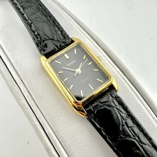 Vintage Phasar Watch Womens Rectangular Gold Tone Black Dial Quartz Japan Strap