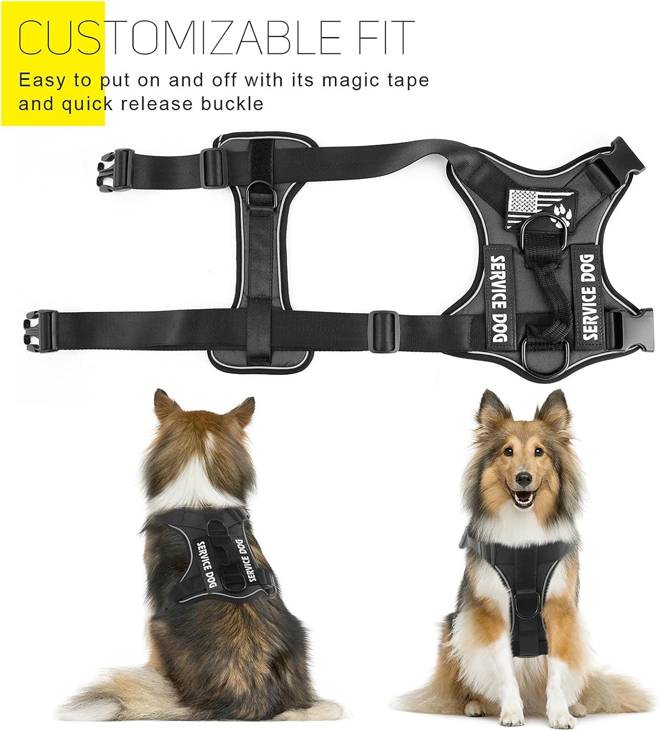 Reflective Service Dog Harness Adjustable Vest with 5 Patches Mesh