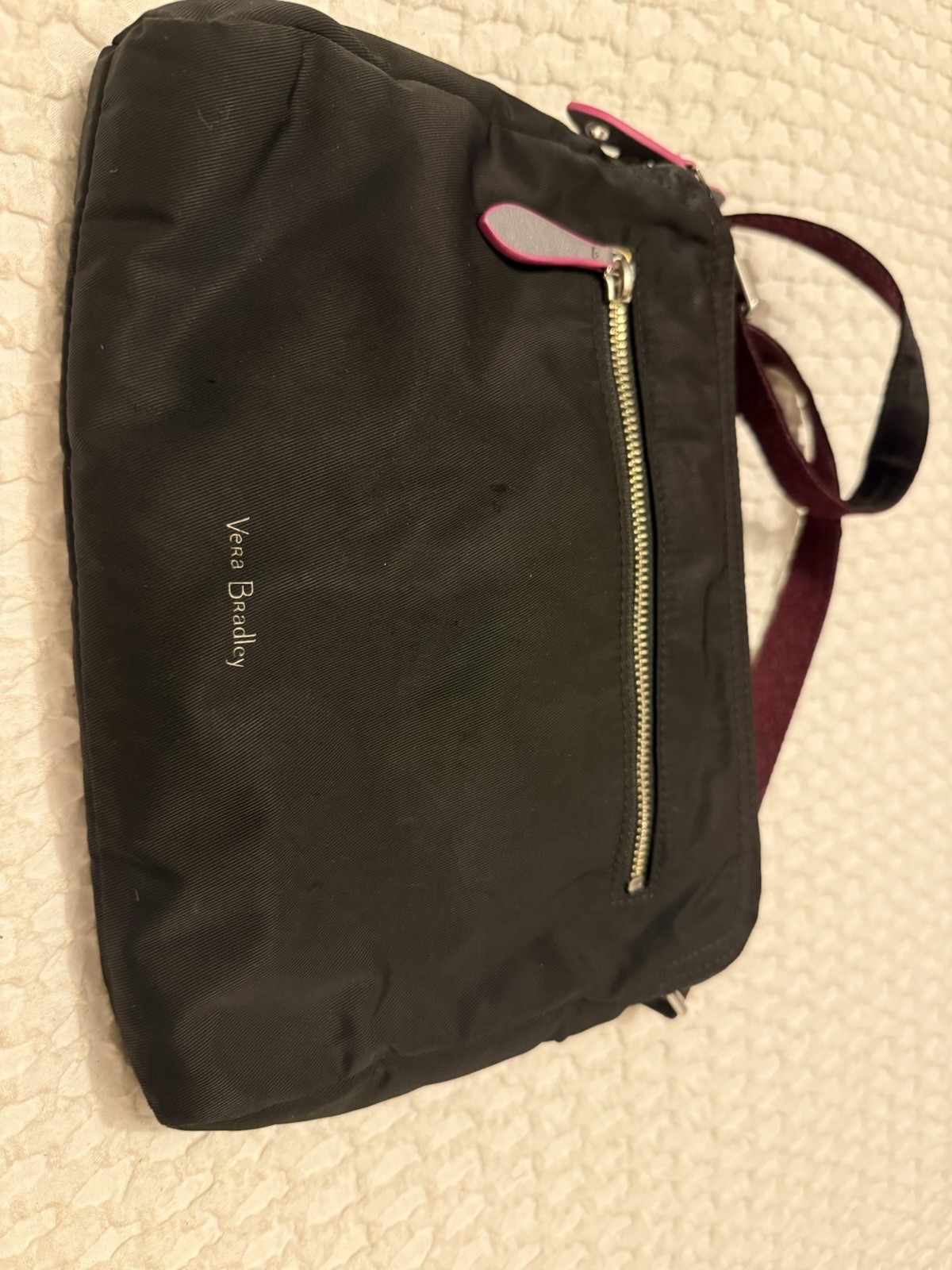 Vera Bradley Women's Black Shoulder Bag with Pink Striped Lining and Zipper