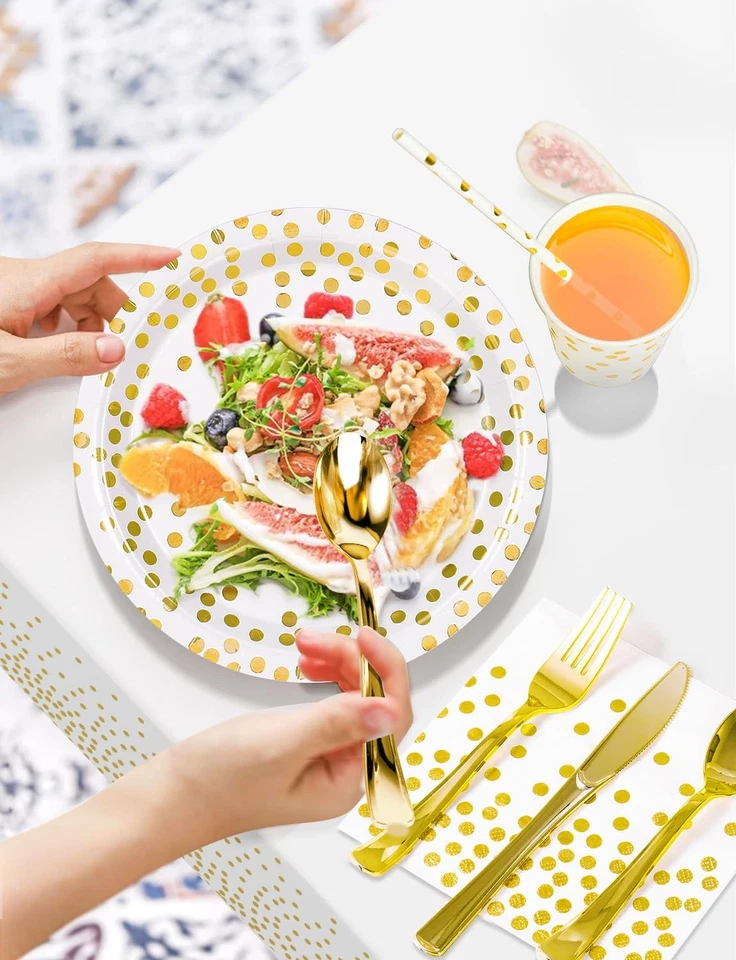 141 Piezas Suministros de Fiesta Oro Blanco, Juegos de Vajilla de Fiesta Incluye Papel Pla... Foto 4 de 4