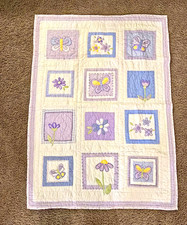 Pottery Barn Kids Quilted Crib Quilt Butterflies Flowers Purple Blue Yellow