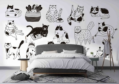 3D Hand Drawn Cat Pattern Self-adhesive Removeable Wallpaper Wall Mural
