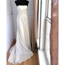 Y2K Ivory VTG Silk Organza Strapless Wedding Dress Sz 8 Empire Waist Sweep Train