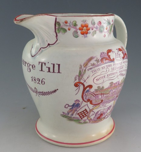 Antike Keramik Perlbesteck Puce Transfer & bemalt benannt & datiert Kanne 1826