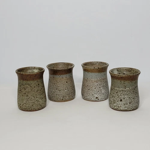 Set of 4 Handmade Speckled Pottery Mugs Cups Tumblers 4.25" Tall Signed READ