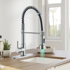 Kitchen Faucet W/ LED Sprayer Commerical Kitchen Single Handle Mixer Tap Plate