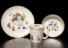 Vtg GORHAM NORMAN ROCKWELL CHILDS 3 PIECE CHINA SET SPRING DUET Cup, Bowl, Plate