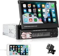 Single 1 Din 7" Flip Car Stereo Radio Player Touch Screen BT USB SD AUX + Camera