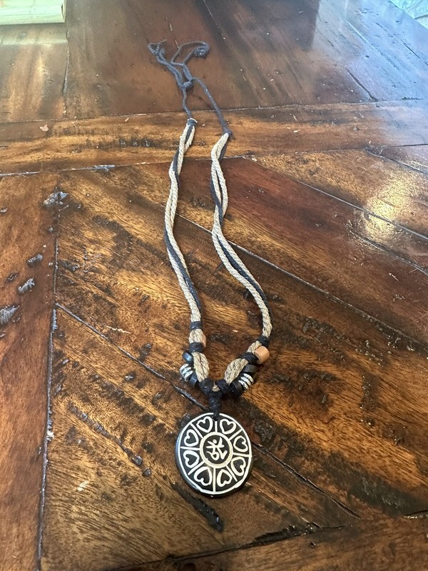 Handmade Medallion  Necklace on Soft Brown Rope With Wood And Silver Accents
