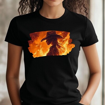 Frauen T-Shirt Cowgirl in Flammen Motiv Baumwolle Größe S bis 3XL