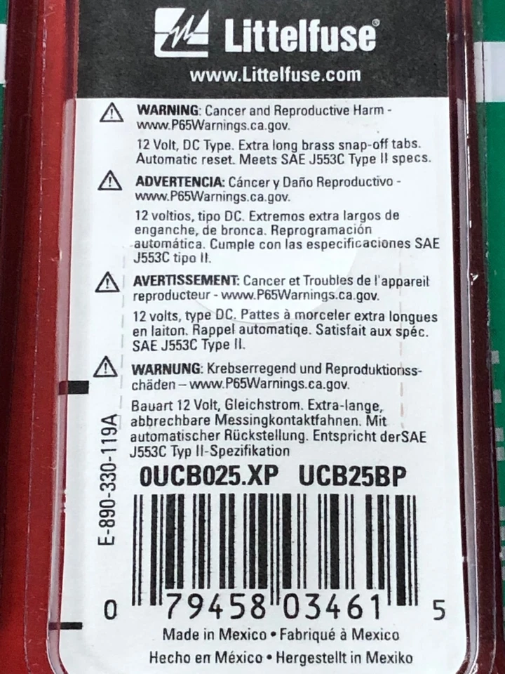 (PACK DE 5) DISYUNTOR UNIVERSAL LITTELFUSE UCB25BP 25AMP 0UCB025.XP Foto 3 de 4