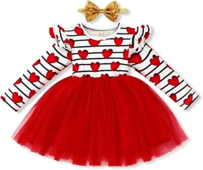 Baby Girls Christmas Outfits Long Sleeve Stripe Heart Print Tutu Skirts, 1-2Y