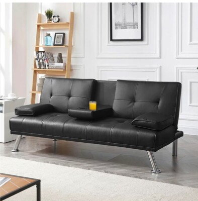 Modern faux leather futon with cupholders and pillows, black