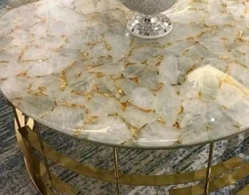 30" White Quartz Stone Coffee Table with Golden Healing Handmade Farmhouse Table - Picture 5 of 8