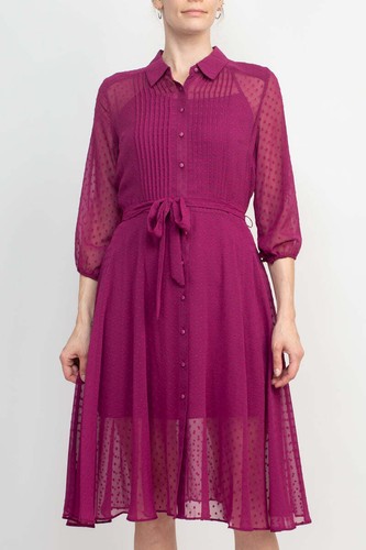 Nanette Lepore Collared 3/4 Sleeve Button Down Tie Waist Illusion Chiffon Dress - Picture 2 of 7