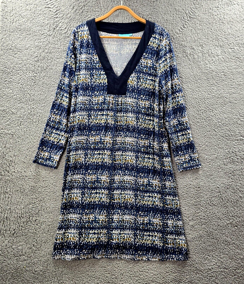 Blue Illusion Womens Shift Dress Size 2L Navy Blue Grey Mustard Stretch Knit