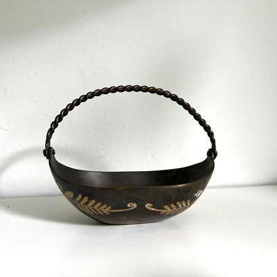 Vintage Metal Brass Trinket Basket Candy Dish Gold Black 4'' Etched Flower Handle