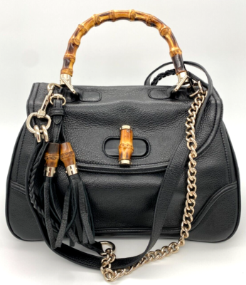 Gucci 240241 Bamboo 1947 Top Handle Black Leather Shoulder Bag | eBay