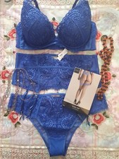 Image of Ann Summers Fiercely Sexy Plunge Bra, Cobalt/Blue 42 dd,suspender L,bottoms 18