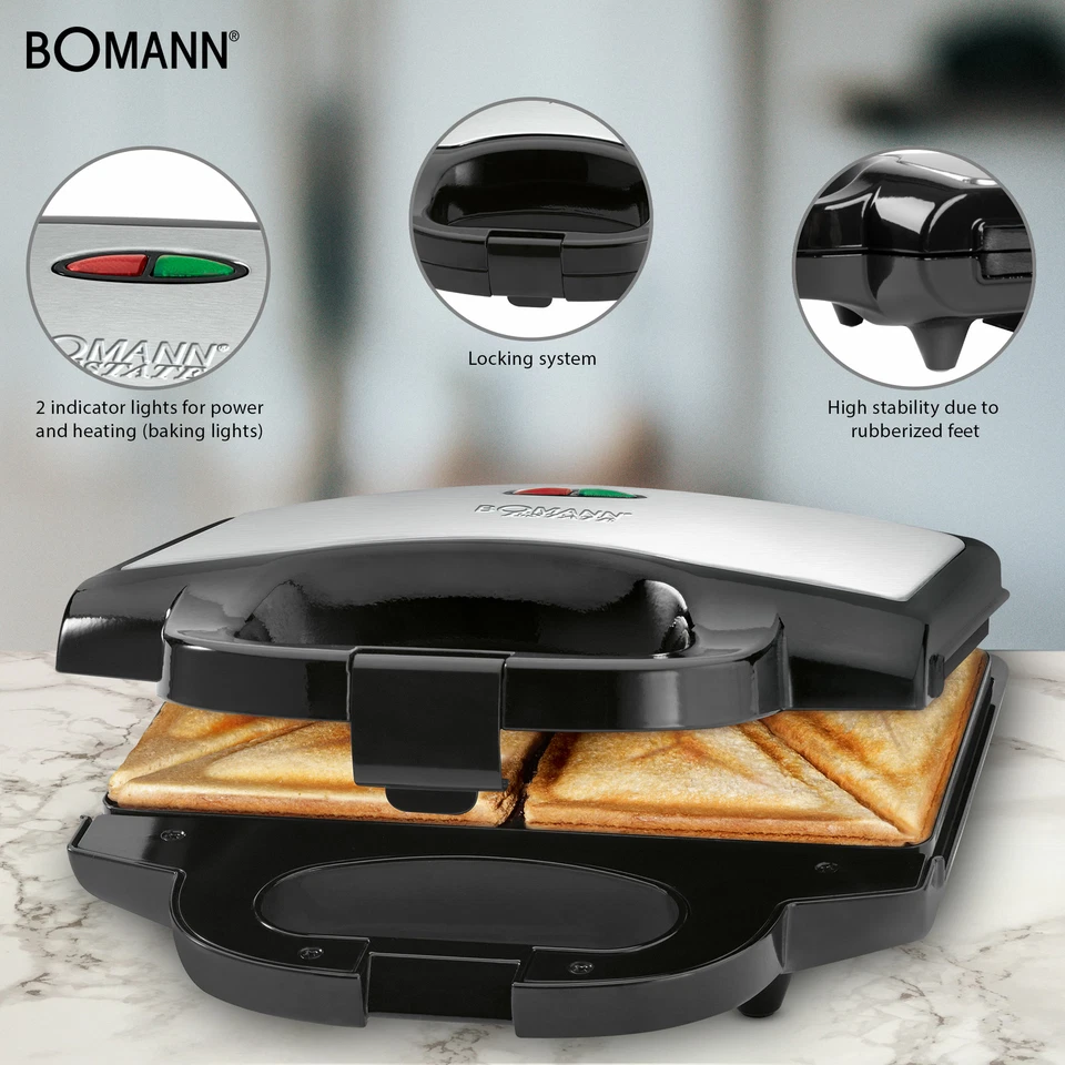 Bomann ST 1372 - Sandwichera para 2 sandwiches, antiadherente, acero inox. 750 W - Imagen 3 de 4