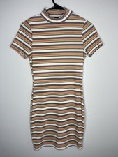 Forever 21 Women’s Ribbed Striped Bodycon Dress Mock Neck Short Sleeve Size S