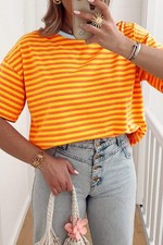 Orange Stripe Contrast Crew Neck Drop Shoulder Loose Tee