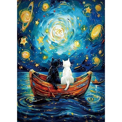 Van Gogh Style Cats in Boat Diamond Painting Kit 12x16 Inch DIY Wall Decor