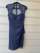 XSCAPE BY JOANNA CHEN NAVY LACE CAP SLEEVE SATIN DRESS, 10