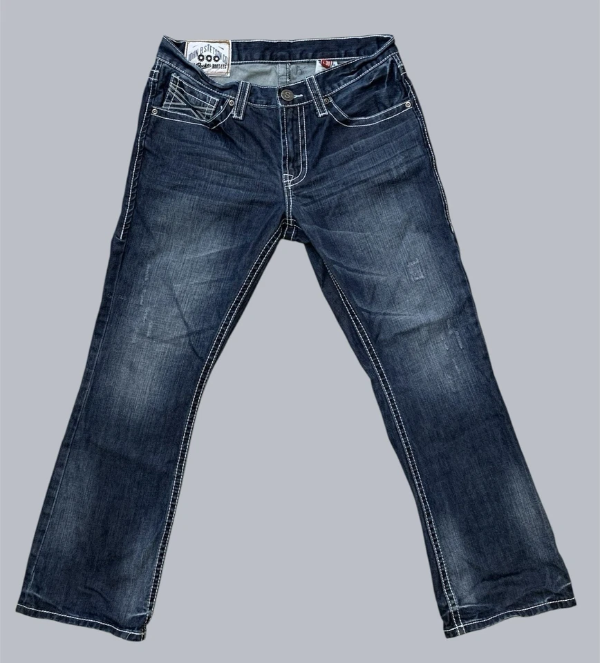 Pantalones de mezclilla John B Stetson para hombre 33x30 pierna de bota rockera 1014 lavado oscuro desgastado desteñido Foto 2 de 4