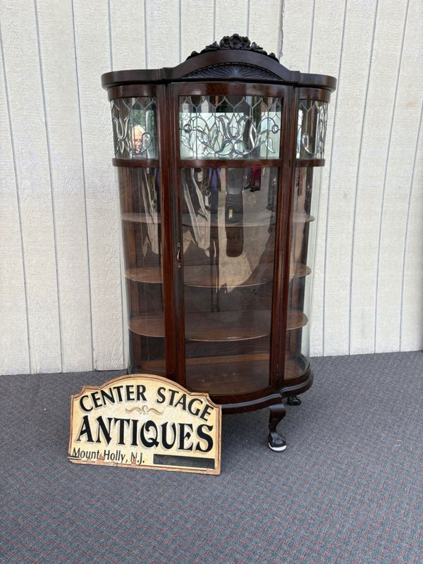 66903 Antique Leaded Glass Oak Bow Front China Cabinet