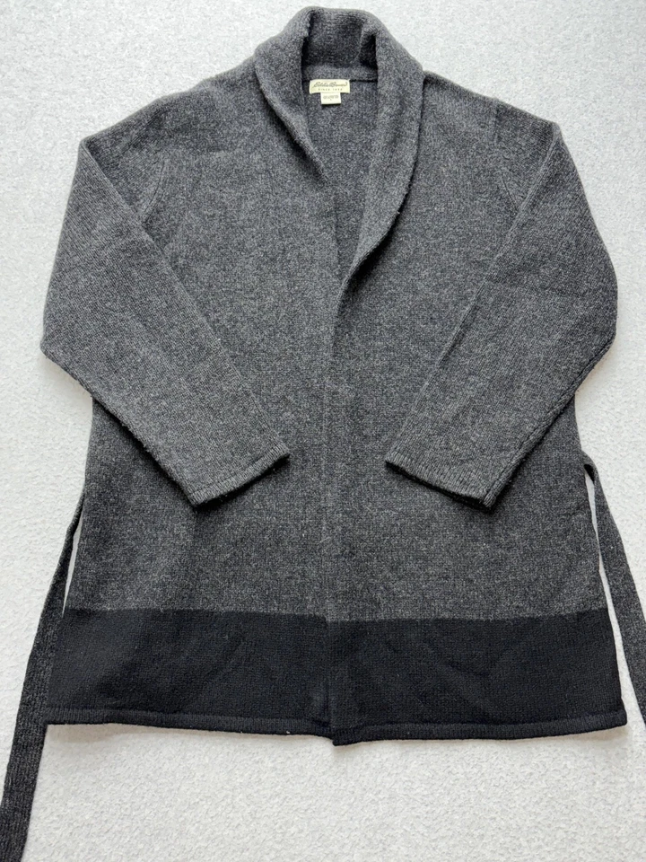 Женский свитер Eddie Bauer большой серый черный с поясом шаль воротник шерсть ягненка вязаный - Изображение 3 из 4