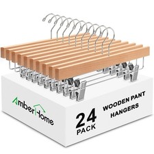 24 Pack Wooden Pants Hangers with Clips, 14" Natural Wood Skirt  Trouser Han...