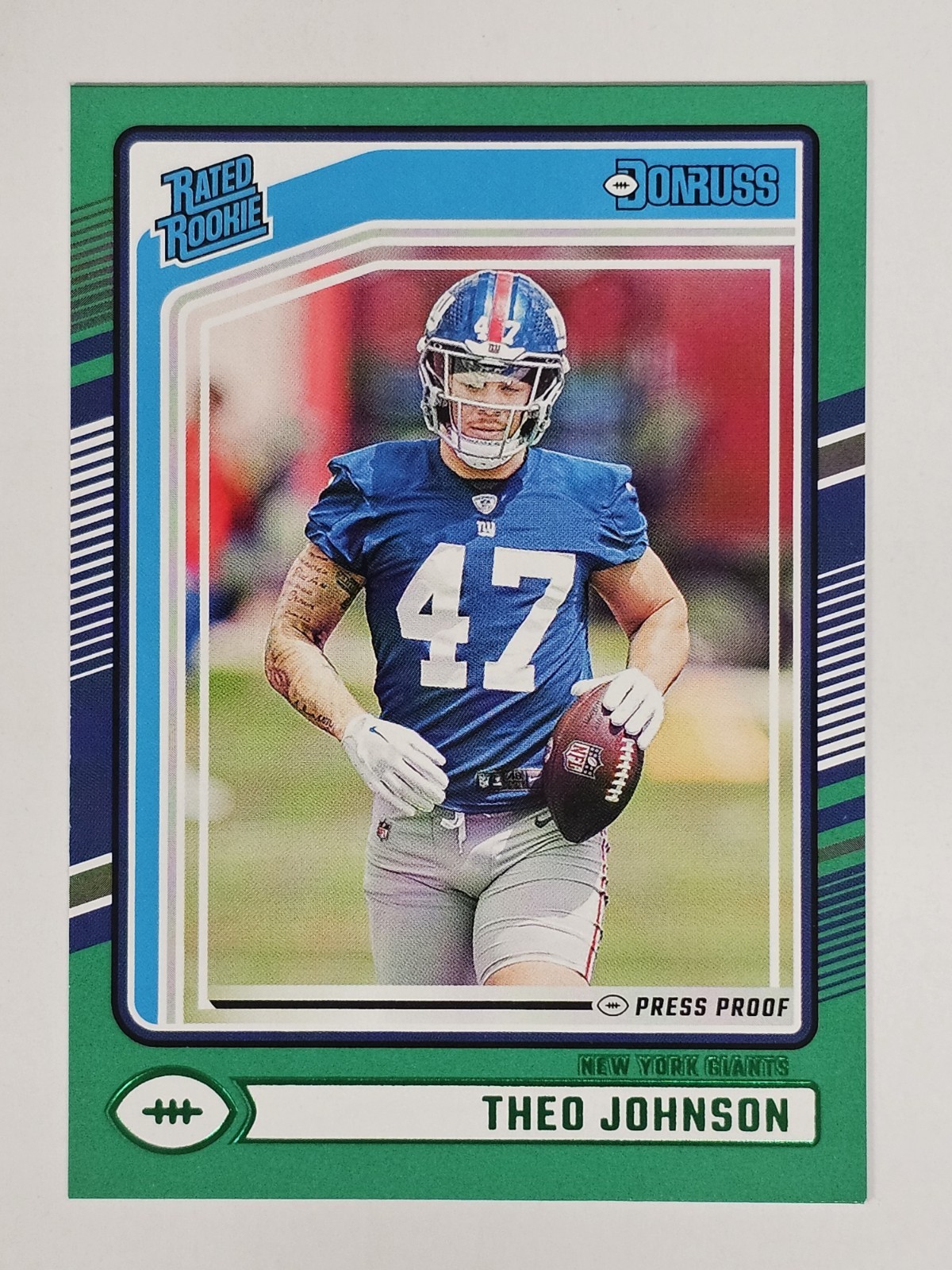 2024 Theo Johnson Panini Donruss Press Proof Green Rated Rookie #357 Giants