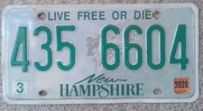 2020 New Hampshire License Plate 435 6604 - LIVE FREE OR DIE