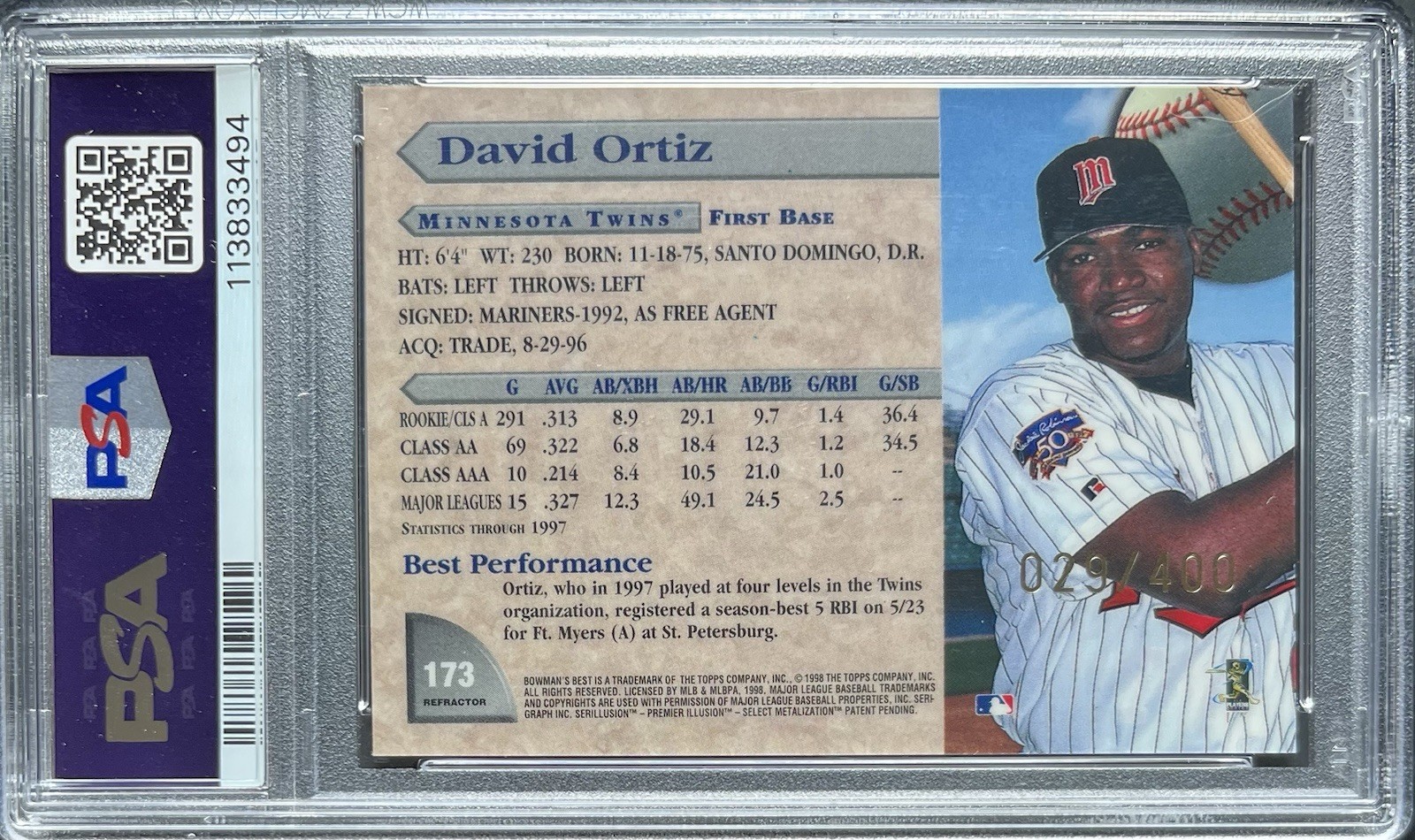 1998 Bowman’s Best Refractor David Ortiz #’d/400 PSA 10 Boston Red Sox HOF view 2