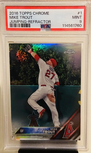 Mike Trout 2016 Topps Chrome Jumping Refractor #1, PSA 9, Angels ⚽️🔥🎨🐟