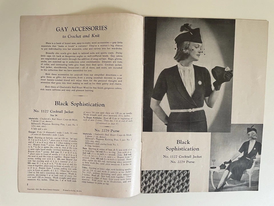 Libro 108 de colección de accesorios de lana de 1937 con patrón de ganchillo y tejido - hilo corazón rojo Foto 3 de 4