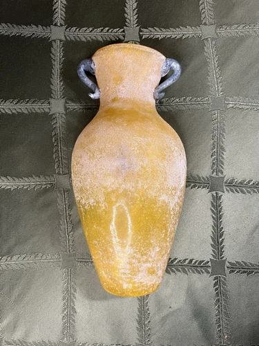 Vintage Scavo Murano Romania Yellow Handled Blown Glass Wall Pocket Vase 10.5"