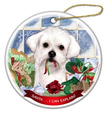 Maltese Dog Porcelain Hanging Ornament Pet Gift 'Santa.. I Can Explain '