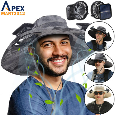 Outdoor Wide Brim Sun Hat with 2 Solar Fans Fishing Hiking Camping UV Protection