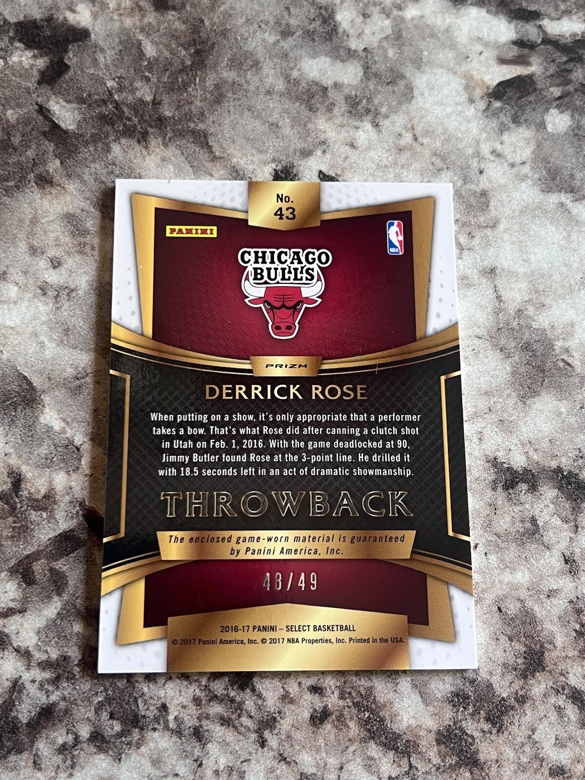 2016 Select Bulls Derrick Rose Single Patch Throwback Prizm /49 SSP Game worn - Picture 2 of 2