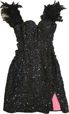 Shein Belle Cocktail Dress Size XS 2 Black Sequin Feathers NWT