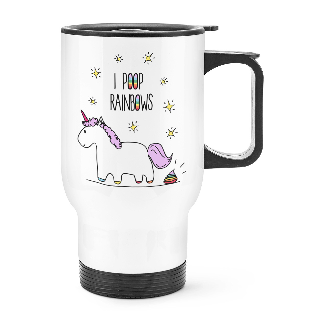 Lila Unicorn I Poop Rainbows Travel Mug Cup With Handle - Funny Flask Thermal