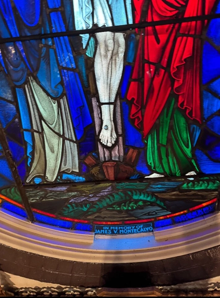 Lg Antique Stained Glass Church Window from Catholic Church Crucifixion 68”Dia - Image 4 of 4
