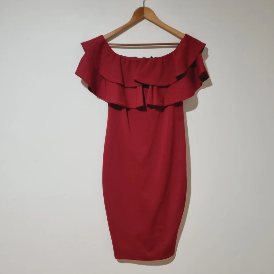 Boohoo Size 12 Deep Red Pencil Dress With Ruffle Top Maternity - Image 3 of 4