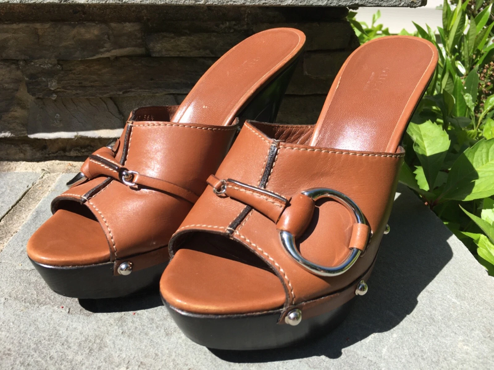 ÉCHANTILLON sabots Gucci marron cuir/bois Horsebit talons mulet #234941 EU 36,5 US 6,5