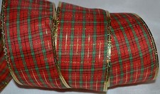 Wired Ribbon Christmas Red Plaid Gold Metallic 2.5" Holiday Green Wreath Bow