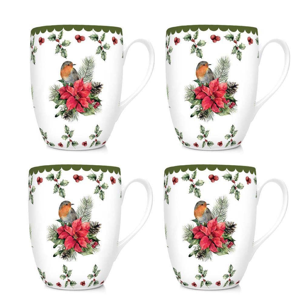 Set Of 4 Festive Holly Robin And Poinsettia Christmas Mugs Xmas Gift Porcelain