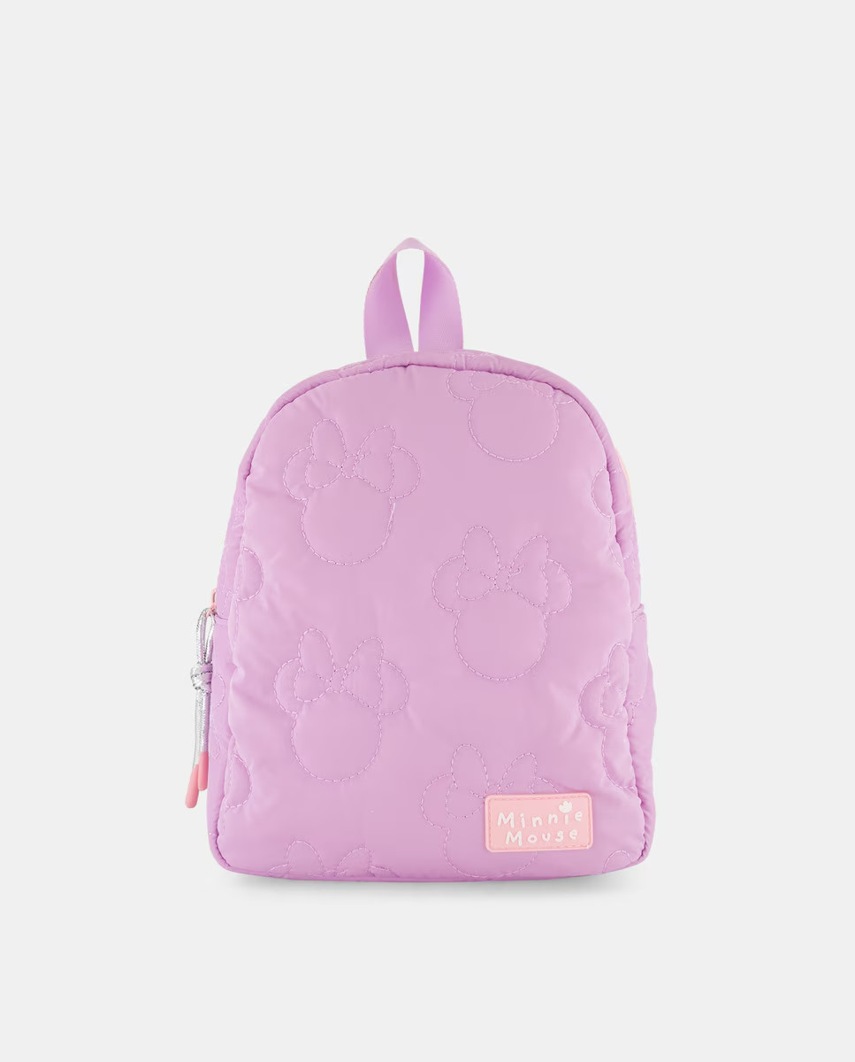Mochila Colección Minnie Mouse niña color morado suave acolchada interior rosa
